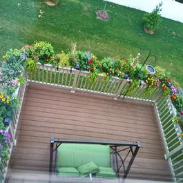 entire back deck rails completely wrapped in planters and flowers